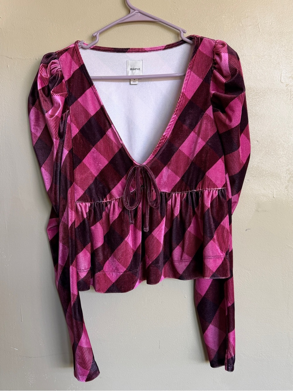 Maeve Pink & Burgundy Plaid Puff Sleeve Top